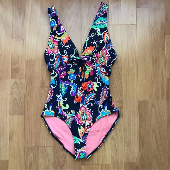 ♻️Reposted New Anne Cole deep plunge paisley pom one piece swimsuit in size 6 - Picture 3 of 13